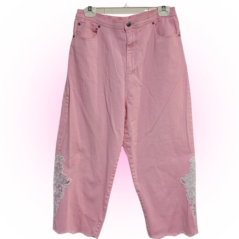 EMBROIDERED LACE DETAIL PINK WOMEN'S CROPPED PANTS JEANS EUC L
